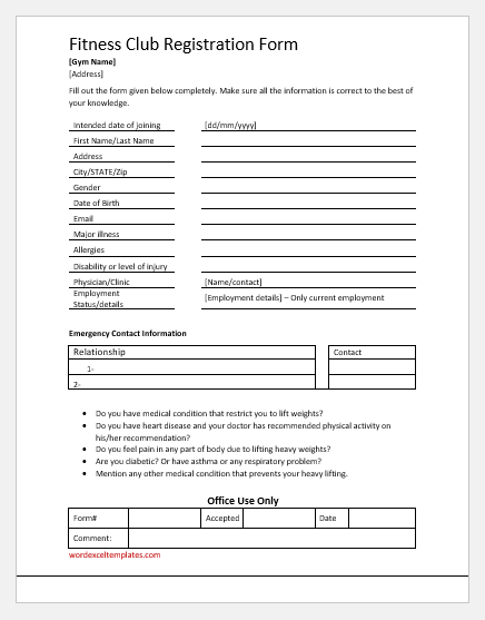 Fitness club registration form template