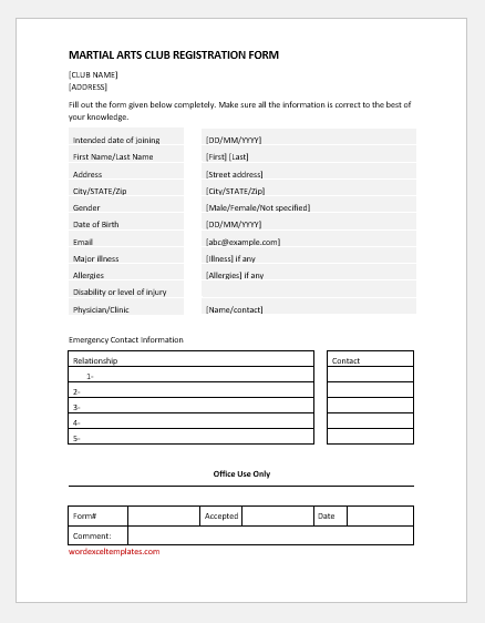 Martial Arts club registration form