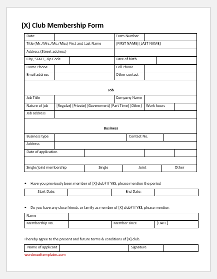 Social club membership form template