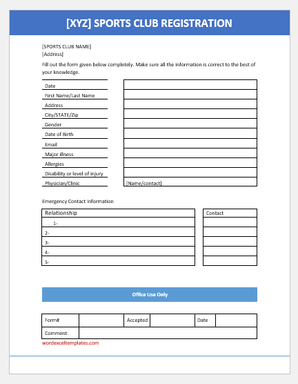 Sports club registration form template