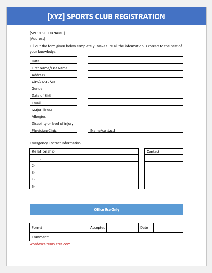 Modèle de formulaire d'inscription à un club de sport