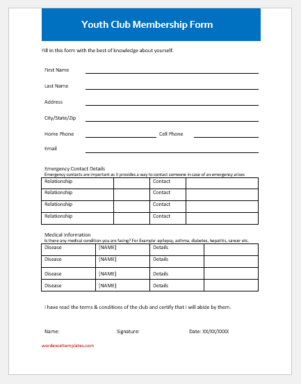 Youth club membership form