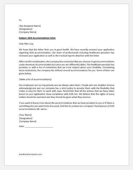 ADA Accommodation Letter to Employee