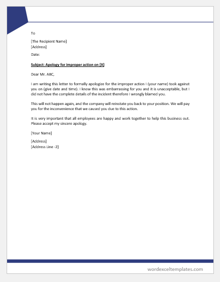 Apology Letter for Improper Action against Employee