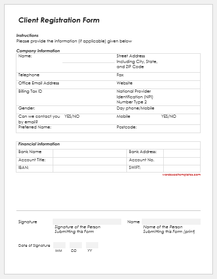 Client registration form template