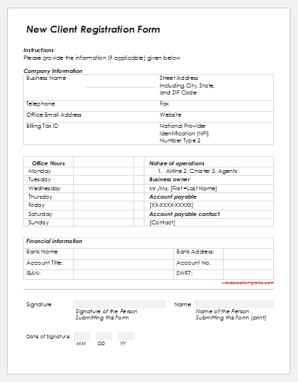 Client registration form template