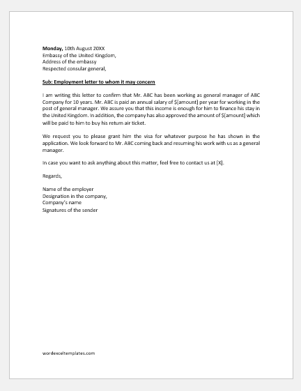 Employment Letter for Embassy