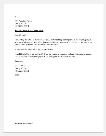 Letter Replying to Unsuccessful Tender