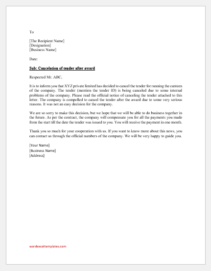 Letter of Cancellation of Tender after Reward