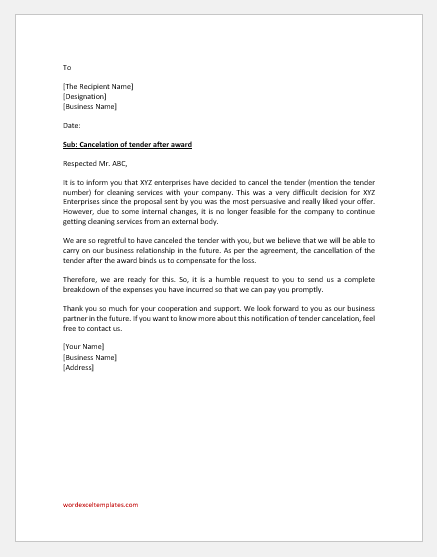 Letter of Cancellation of Tender after Reward
