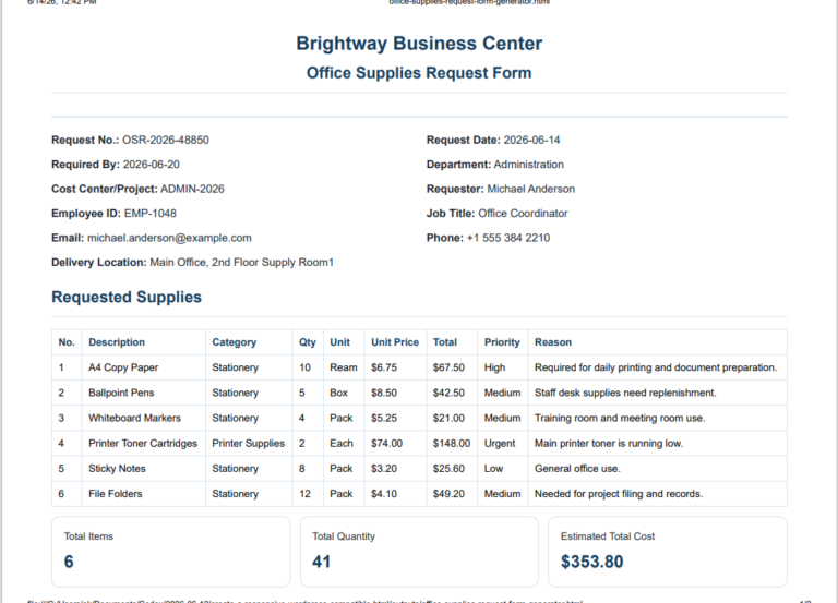 Office supplies request form