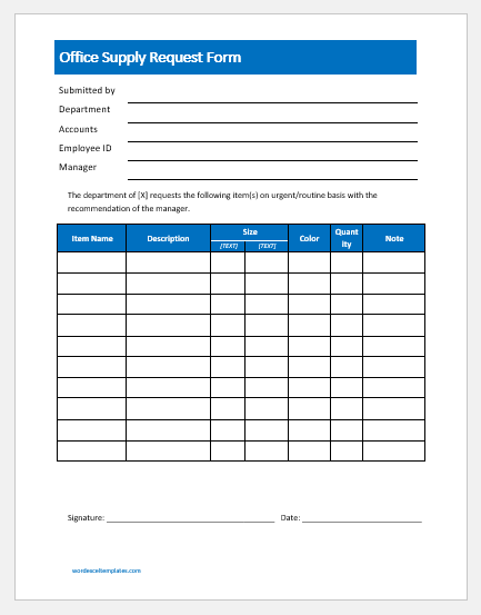 Office supplies request form template