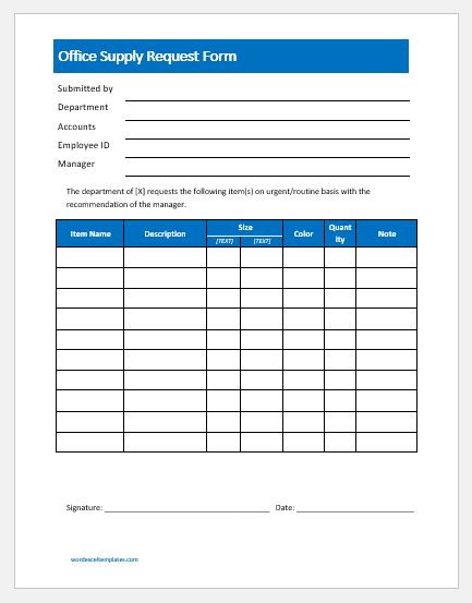 Modèle de formulaire de demande de fournitures de bureau