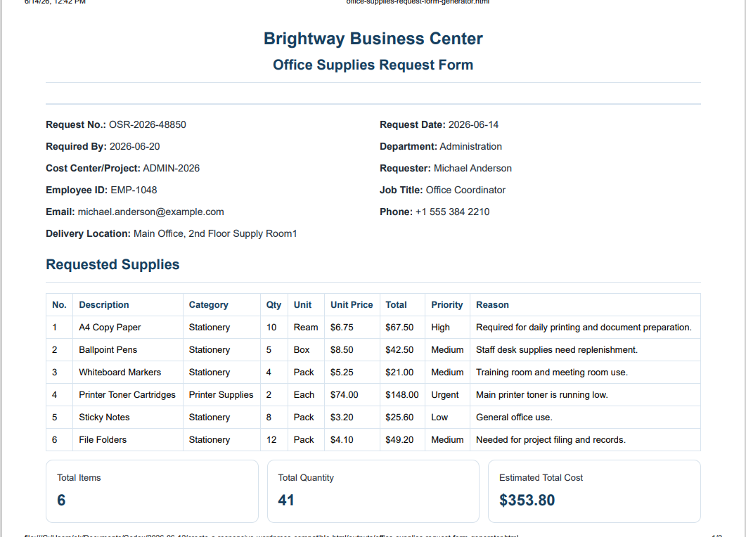 Office supplies request form