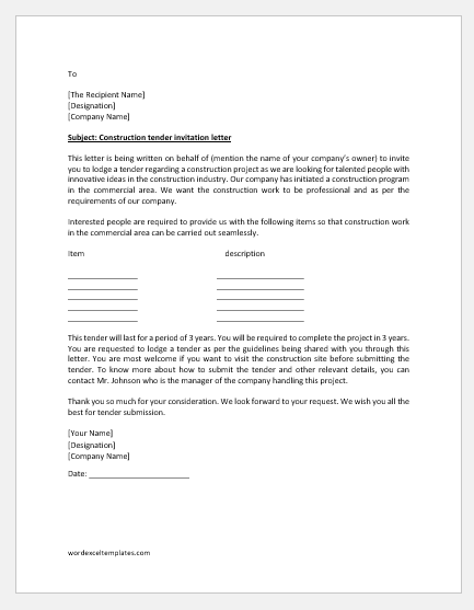 Tender Invitation Letter for Construction