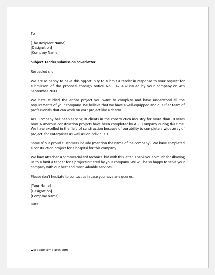 construction tender cover letter sample