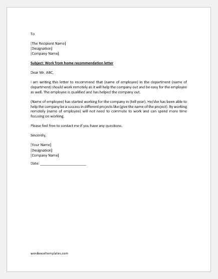 Work from Home Recommendation Letter | Download Letters