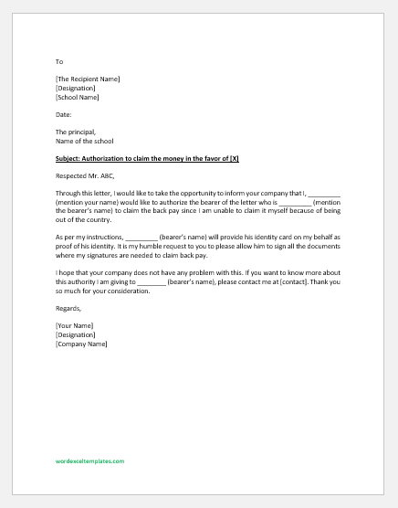 Retro Auth Letter Authorization Letter to Claim Back Pay | Sample Letters