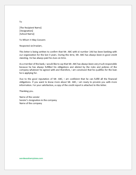 Credit reference letter