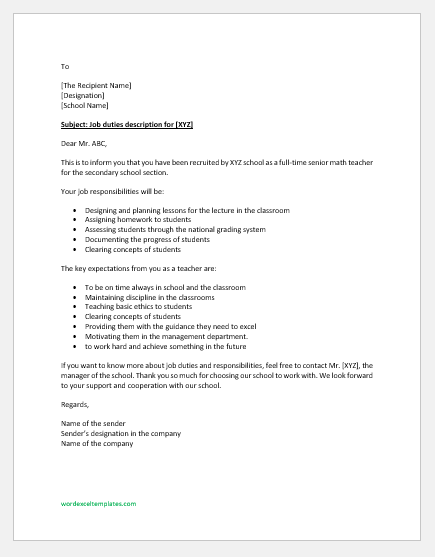 Duties and Responsibilities Job Description Letter