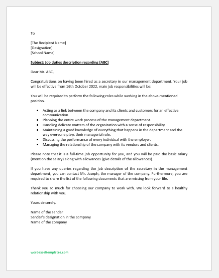 transfer of duties and responsibilities letter