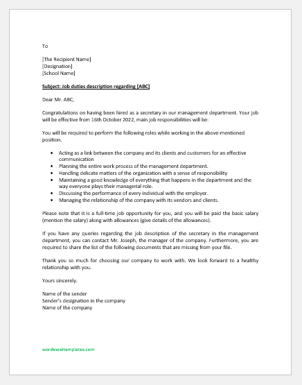 Duties and Responsibilities Job Description Letter