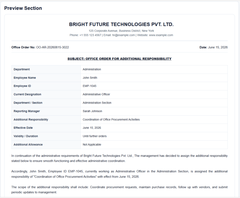 Office Order to Employee for Additional Responsibility