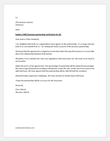 Proof of business partnership letter
