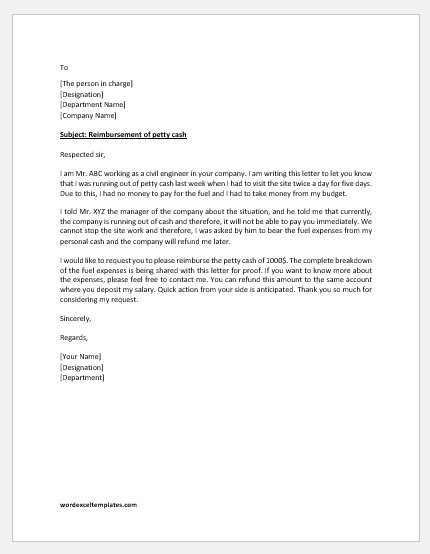 Letter Requesting Petty Cash Reimbursement