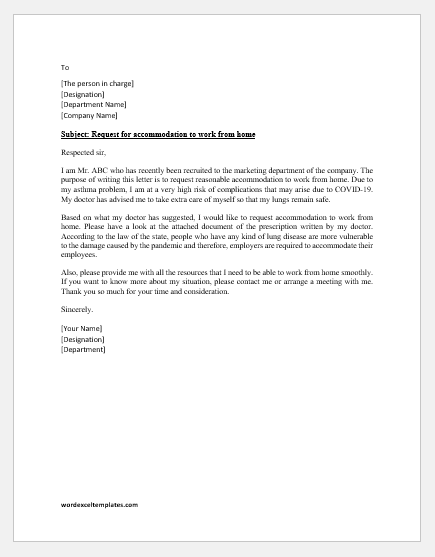 Work from Home Accommodation Letter