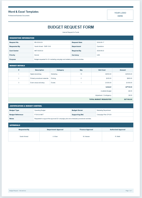 Budget Request Form Template