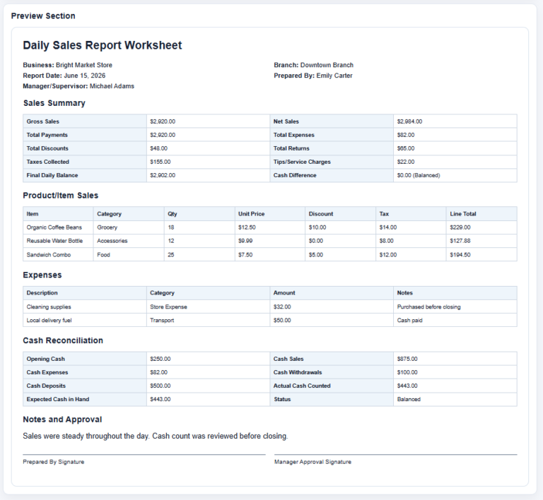 Daily Sales Report Worksheet