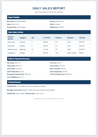 Daily Sales Report Worksheet