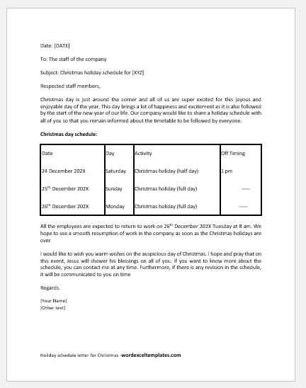 Lettre d'horaire de vacances pour Noël