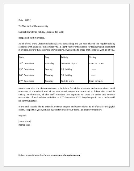 Holiday Schedule Letter for Christmas