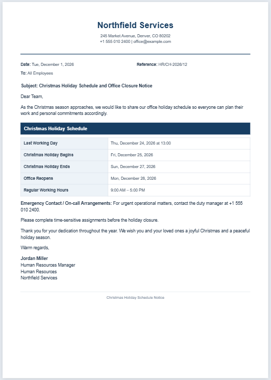 Holiday Schedule Letter for Christmas