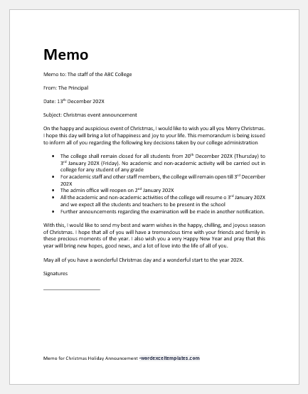 Memo for Christmas holiday announcement