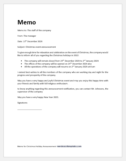 Memo for Christmas holiday announcement