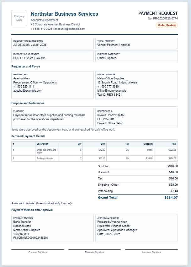 Payment Request Form Generator