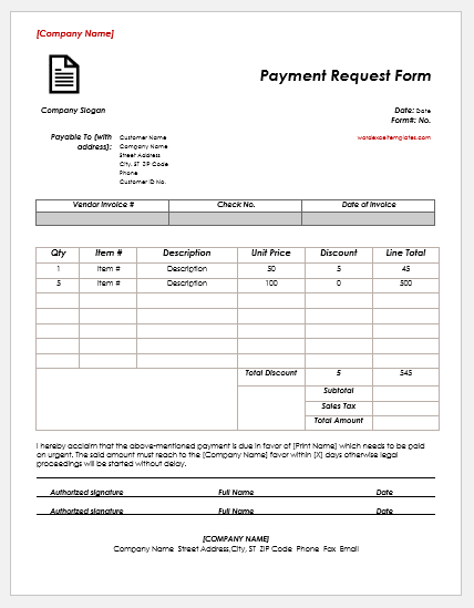 Payment request form template