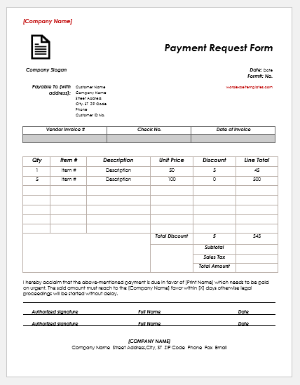 Modèle de formulaire de demande de paiement