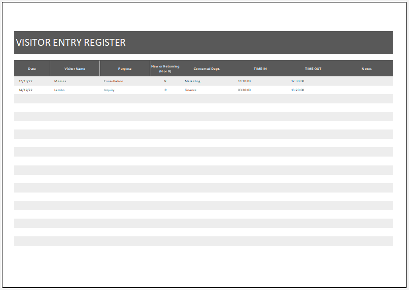 Visitor entry register template