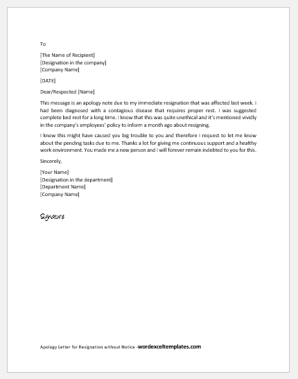 Apology letter for resignation without notice