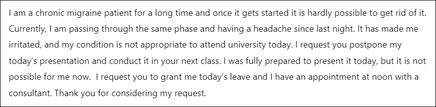 Email to professor about being sick