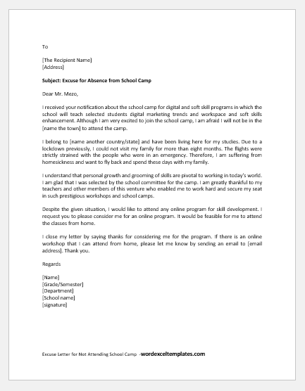 Excuse Letter for Not Attending School Camp
