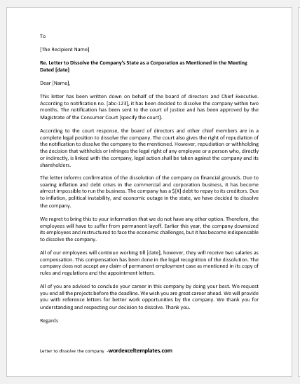 Letter to dissolve the company