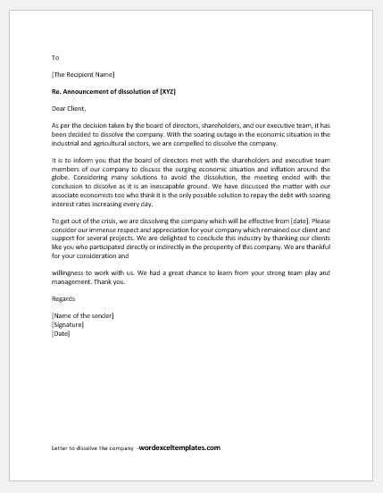 Letter to dissolve the company