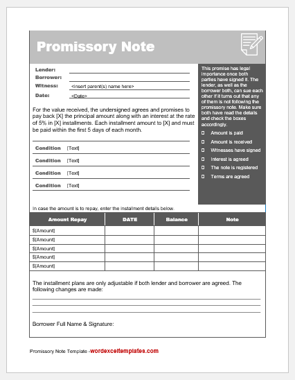 Promissory note for lending money