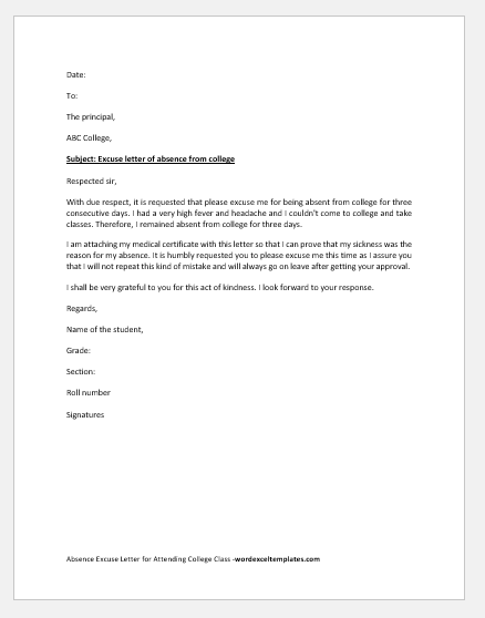 Absence Excuse Letter for Attending College Class