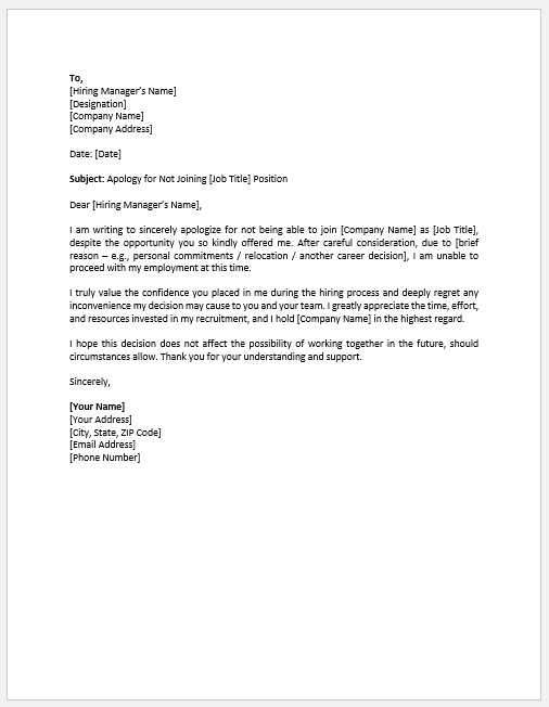 Apology Letter for not Joining the Company